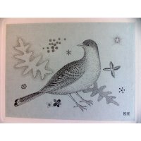 長谷川潔・自筆年賀状　版画　「鳥、葉、花」　ビュラン　1957年　玲風書房カタログレゾネNo.623