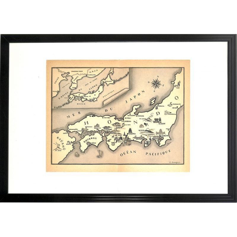 画像1: 長谷川潔 版画　「日本地図」　1936年 パリ　16×21cm　額付き