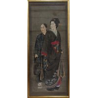 明治写実画　特大額入り「婦人と下僕」（仮題）121×49