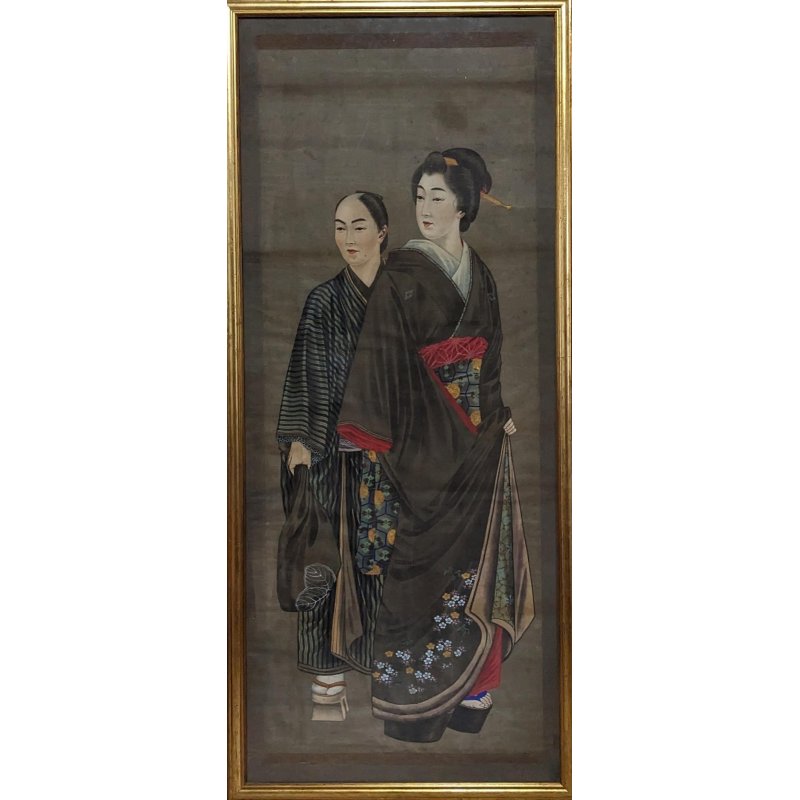 画像1: 明治写実画　特大額入り「婦人と下僕」（仮題）121×49